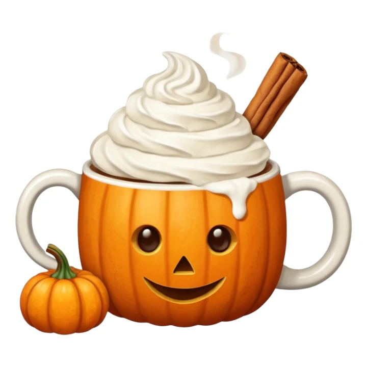 Steaming coffee Mug with whipped Cream and cinnamon Dust on Cream.  Small Punkin and 3 sticks of cinnamon next to mug sticker