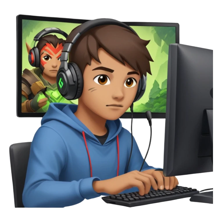 gamer with headphones playing Dota 2, focused on computer screen sticker