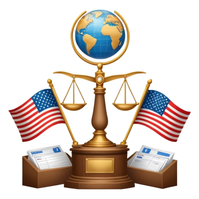 icon featuring podium with a speaker,russian and american flags, and voting ballots. The design includes a globe and scales of justice in the background, representing governance, global affairs, and political theory. Transparent background emphasizes civic engagement and policy. sticker
