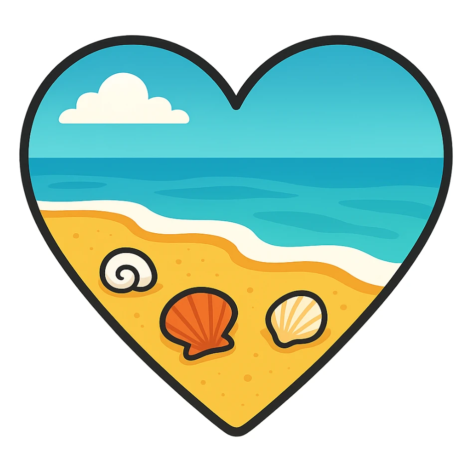 heart with a summer beach and seashells, clean digital illustration sticker
