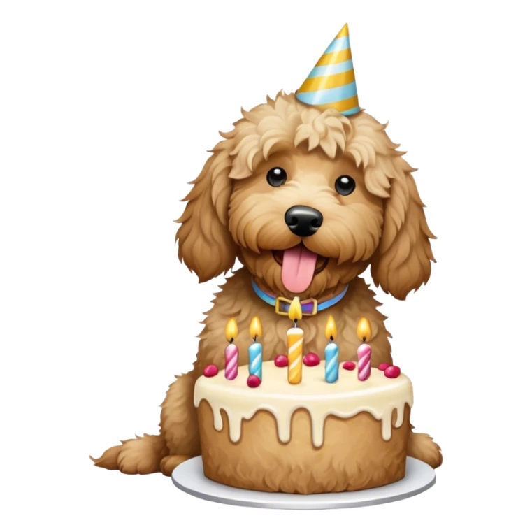 Shaggy large cream Goldendoodle eating birthday cake  sticker