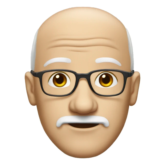 bald white man with a large wrinkled forehead, thin square glasses and a beard connected above and below, always white sticker