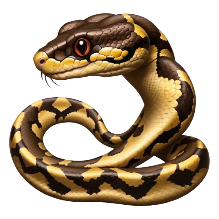 A photo-realistic digital illustration of a Ball Python, large headshot portrait. The snake has a short, rounded snout, smooth contours, and a calm, curious expression. Its head is warm brown with bold, irregular dark markings, including the signature “alien-head” pattern.  sticker