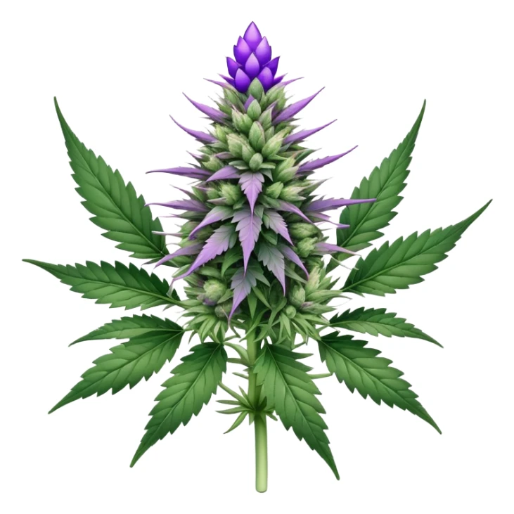 Cannabis plant with purple buds, crystal trichomes, and small wedding elements, wedding crasher strain sticker