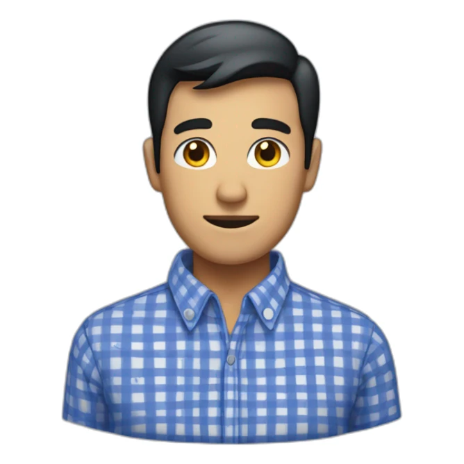 Tan man with short black hair and a gingham white/dark blue buttoned collar shirt sticker