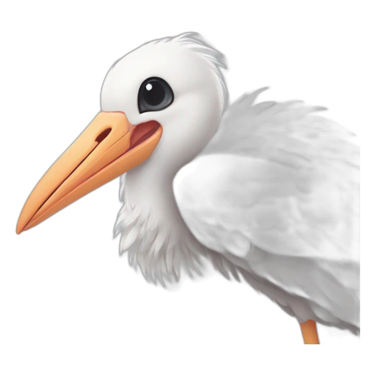  A big white stork carrying a bundle of cloth in its beak that has a cute white skinned baby face peeking out from it with black head sticker