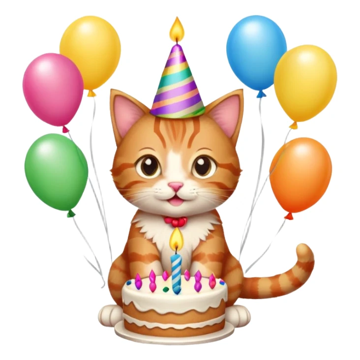 Ginger tabby kitten celebrates birthday, birthday hat, birthday cake, one candle, balloons, happy, gifts sticker