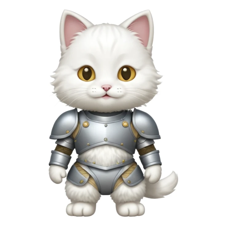 baby white cat in armor, full body, smile sticker