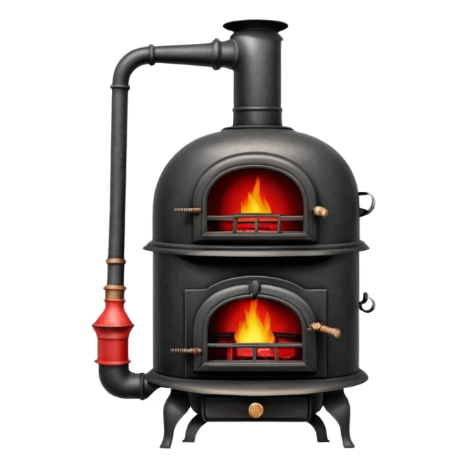 Vintage pot-belly coal stove from early 1900s with chimney pipe, rustic black iron with red glowing coals inside sticker