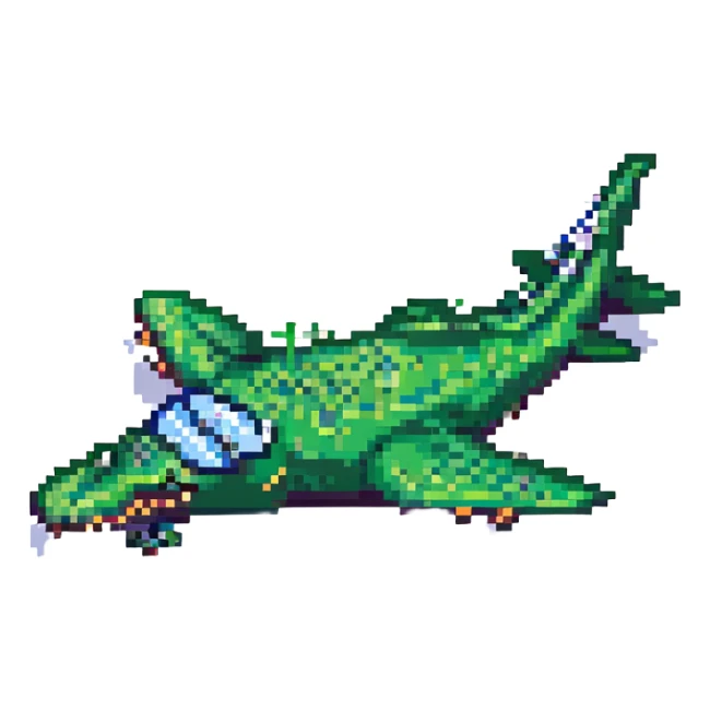 pixel art green crocodile flying next to a cartoon airplane, retro game style sticker