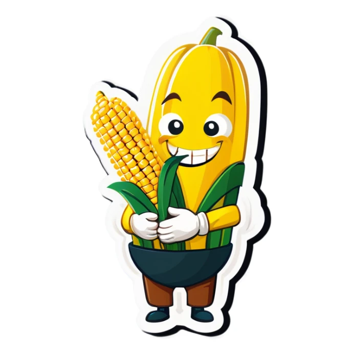A yellow funny corn with a suspicious smile holding logs in his hands and about to eat them  sticker