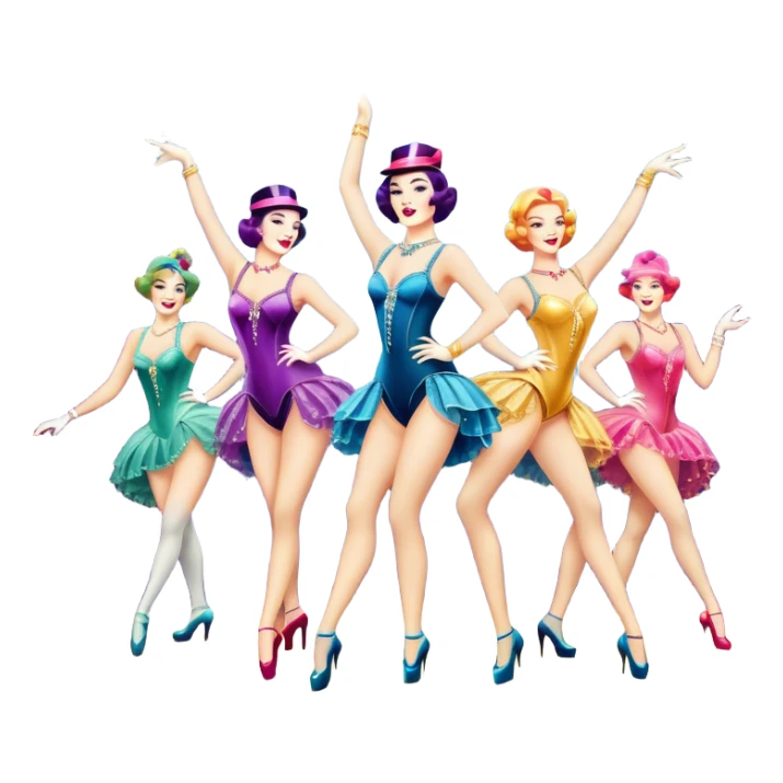 A vintage movie poster-style design inspired by Moulin Rouge. Include glamorous cabaret dancers in extravagant costumes, a colorful stage, sparkling lights, and a sense of drama. The atmosphere should be vibrant, with musical notes in the air. Retro cinematic style. Transparent background. sticker