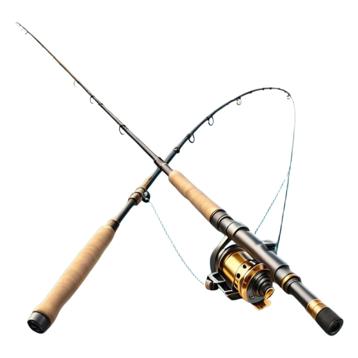 Cinematic Realistic Fishing Rod, sleek graphite rod with a smooth, polished reel, thin line disappearing into a shimmering lake, warm golden sunlight reflecting off the water, glowing with a tranquil and adventurous aura. sticker
