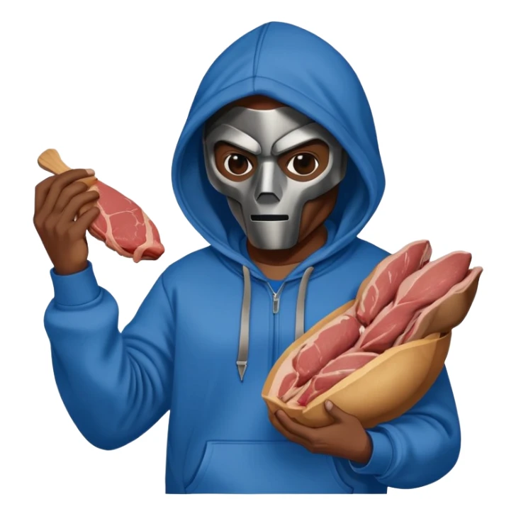 MF DOOM in a blue hoodie holding a piece of meat sticker