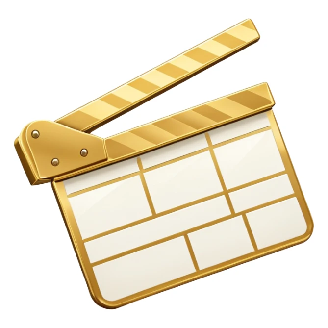 ultra simplified movie clapper with gold and white colors, two simple rectangles with a diagonal line sticker