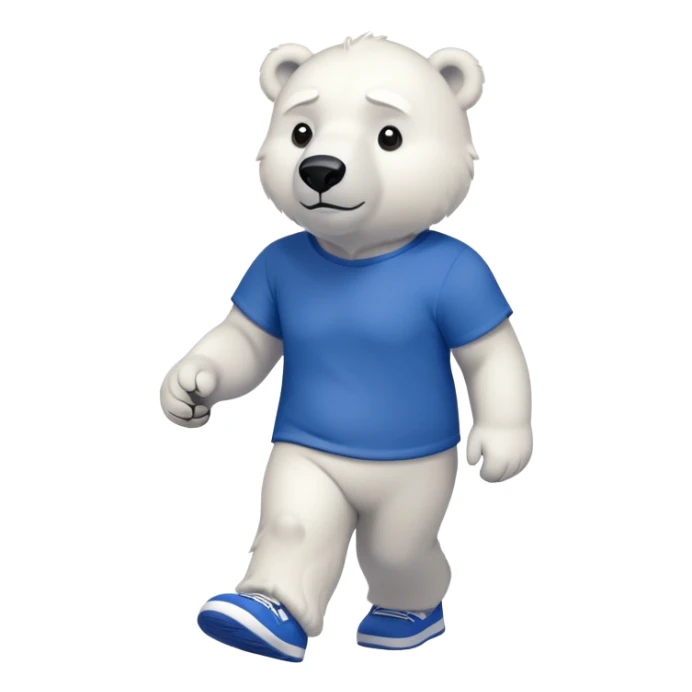 muscular friendly anthropomorphised polar bear walking confidently, wearing a royal blue t-shirt, black pants, and white trainers sticker