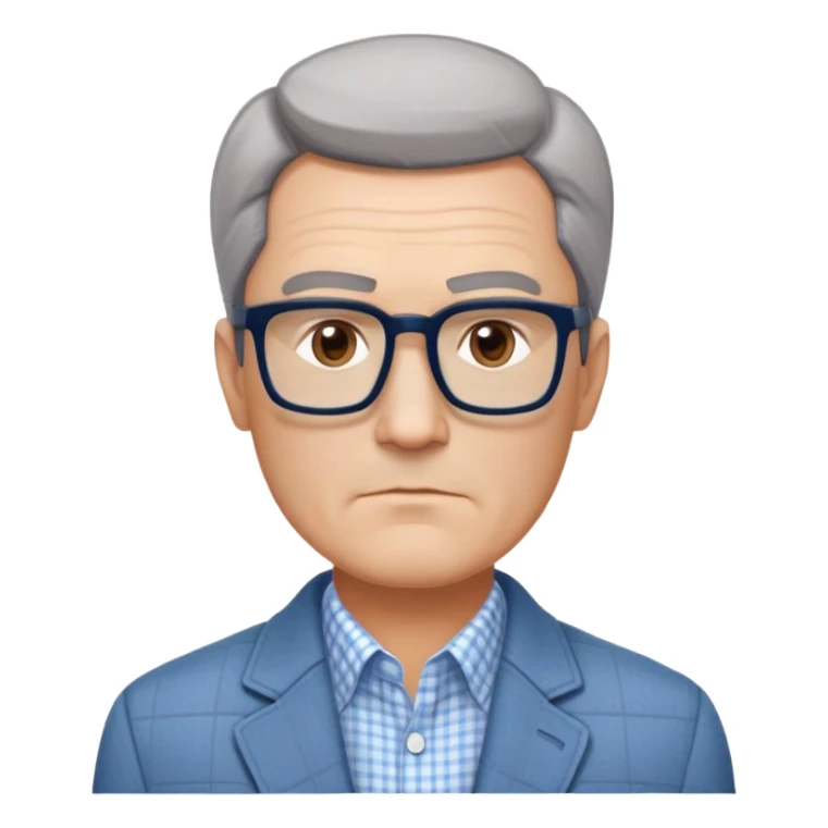 50-year-old man with square face, large dark square glasses, short straight hair combed to the side with some gray. Serious-relaxed expression with subtle age lines. Light gray jacket, white shirt with blue checkered pattern. sticker