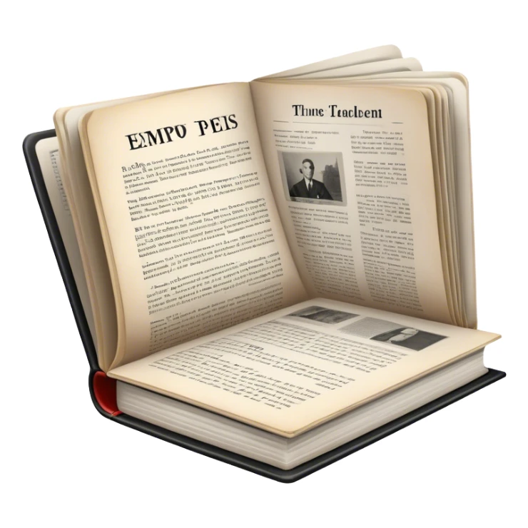 Icon for Non-Fiction & Narrative Reading: an open book with historical facts and narrative text on the pages, featuring black-and-white photos, news clippings, and an open folder with top-secret documents. Transparent background. sticker