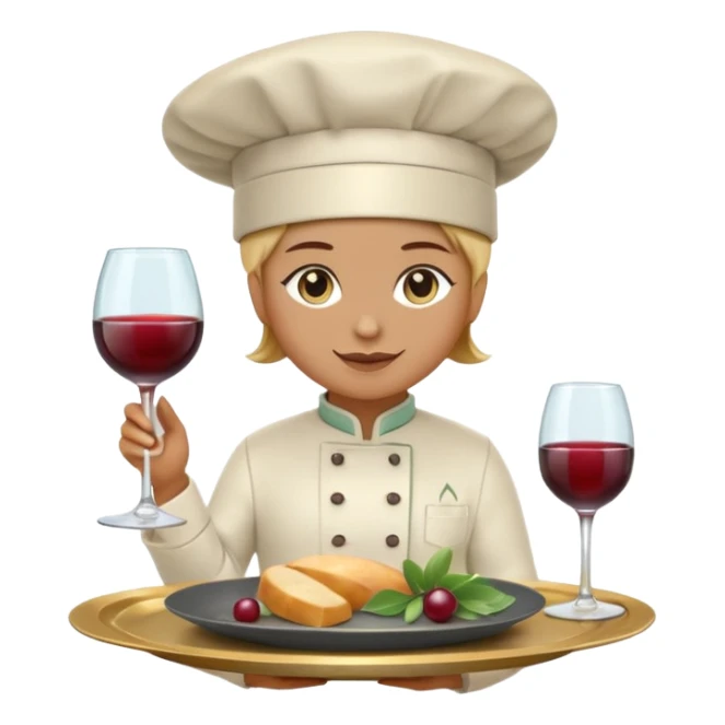 6 luxury catering emojis, 'Epicurea' style: minimalist 3D glassmorphism. Sage, wine, slate colors. Icons: gold chef hat, wine glass, gourmet dish, sparkles, silver tray, 'E' monogram. Clean, professional, transparent BG. sticker