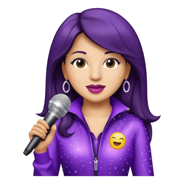 Selena Quintanilla emoji wearing sparkling purple jumpsuit and holding microphone sticker