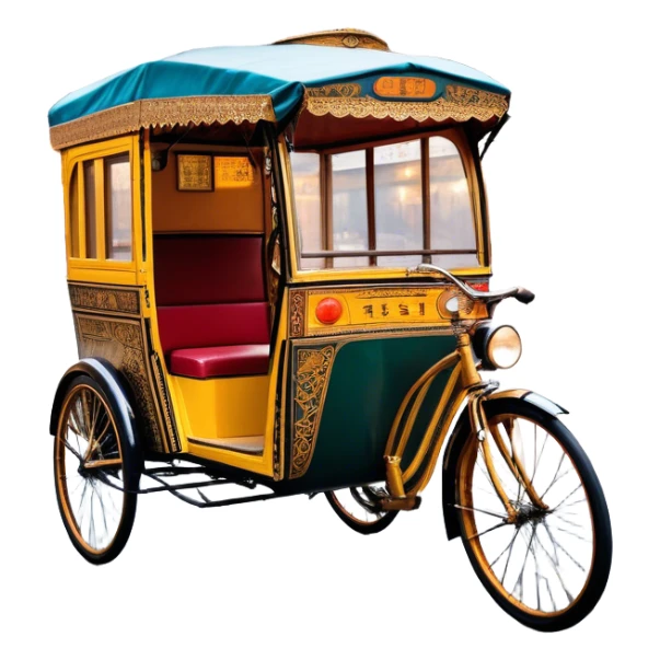 Cyclo rickshaw – Cinematic Realistic Cyclo Rickshaw, depicted as a charming, ornately painted three-wheeled cycle taxi with vintage detailing, set on bustling city streets under dynamic urban lighting that evokes cultural heritage and nostalgic charm. sticker