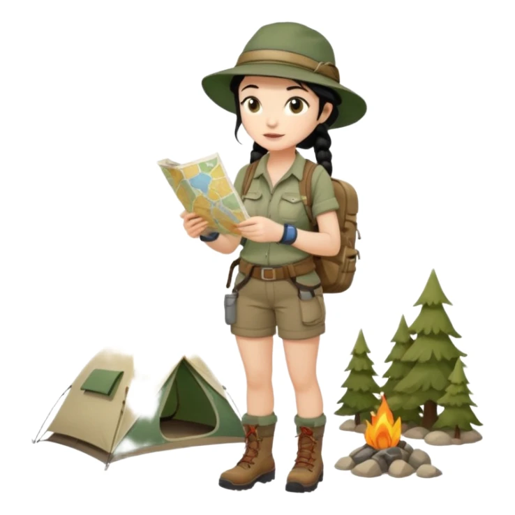 A braid black hair backpacking woman checking her map with curious eyes while walking wear camping hat and dirt covered boots full body sticker
