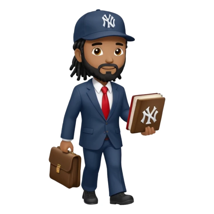 African American man with shoulder length black dreadlocks with black beard wearing a New York Yankees logo baseball cap wearing a suit with red tie walking right holding a Holy Bible sticker