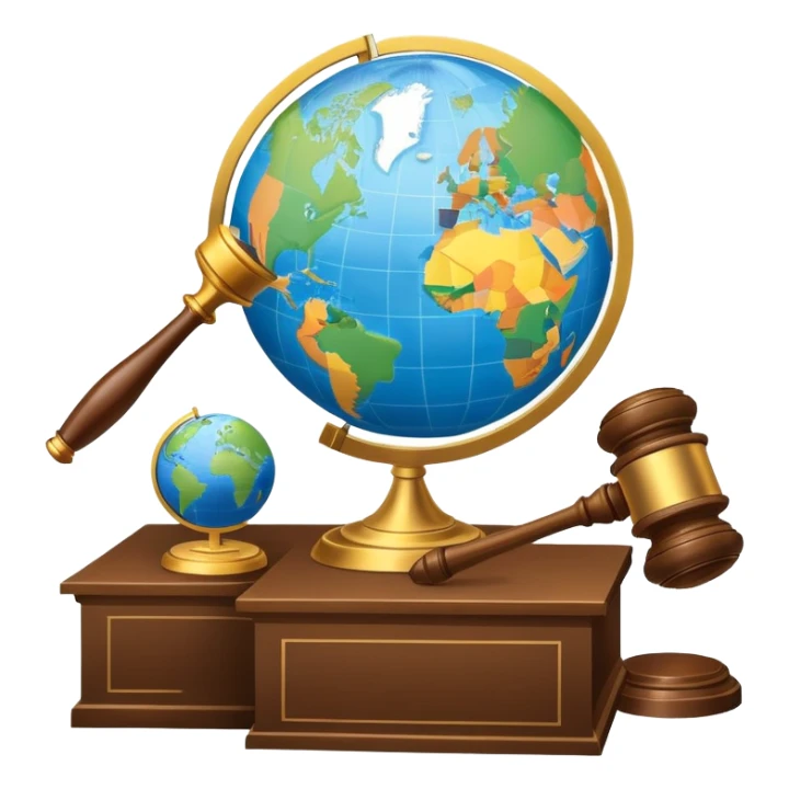 An icon featuring a globe with a gavel and a political map, symbolizing political science. The design includes a ballot box and a podium, representing democracy and governance. Transparent background highlights the study of political systems and global relations. sticker