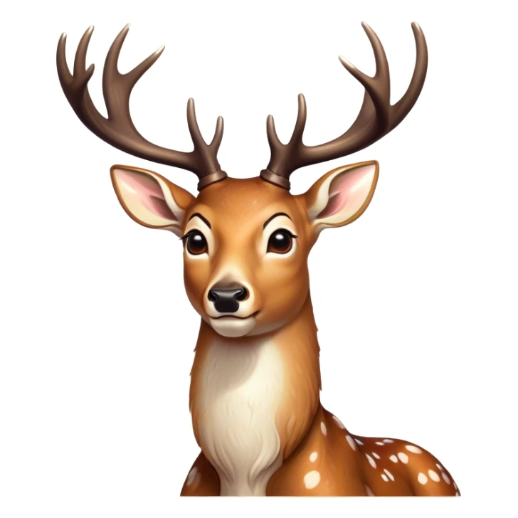Cinematic Comical Deer Portrait Emoji, Head tilted dramatically with an exaggeratedly amused expression, featuring a sleek dappled coat and whimsically contorted antlers, wide, expressive eyes filled with playful disbelief, Simplified yet hilariously expressive features, highly detailed, glowing with a slightly sassy glow, high shine, dramatic yet playful, stylized with an air of cheeky woodland mischief, bright and endearing, soft glowing outline, capturing the essence of a spirited and over-the-top deer, so meme-worthy it feels like it could side-eye its way into forest folklore instantly! sticker