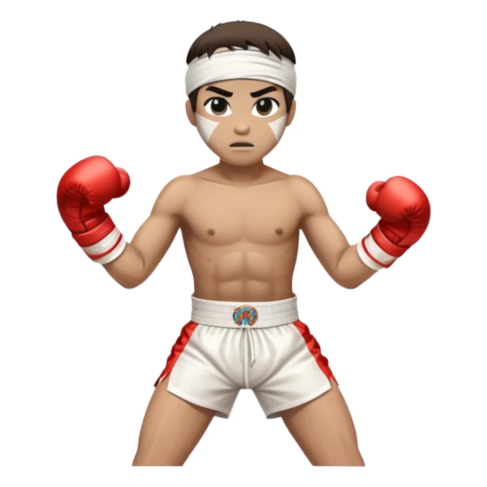 ​Cinematic Realistic Traditional Muay Thai Fighter, depicted in authentic attire featuring white bandaged gloves wrapped around his fists, a traditional headband tied neatly, and classic Muay Thai shorts, captured in a dynamic fighting stance under dramatic, high-energy lighting that highlights the raw power and elegance of the art, sticker