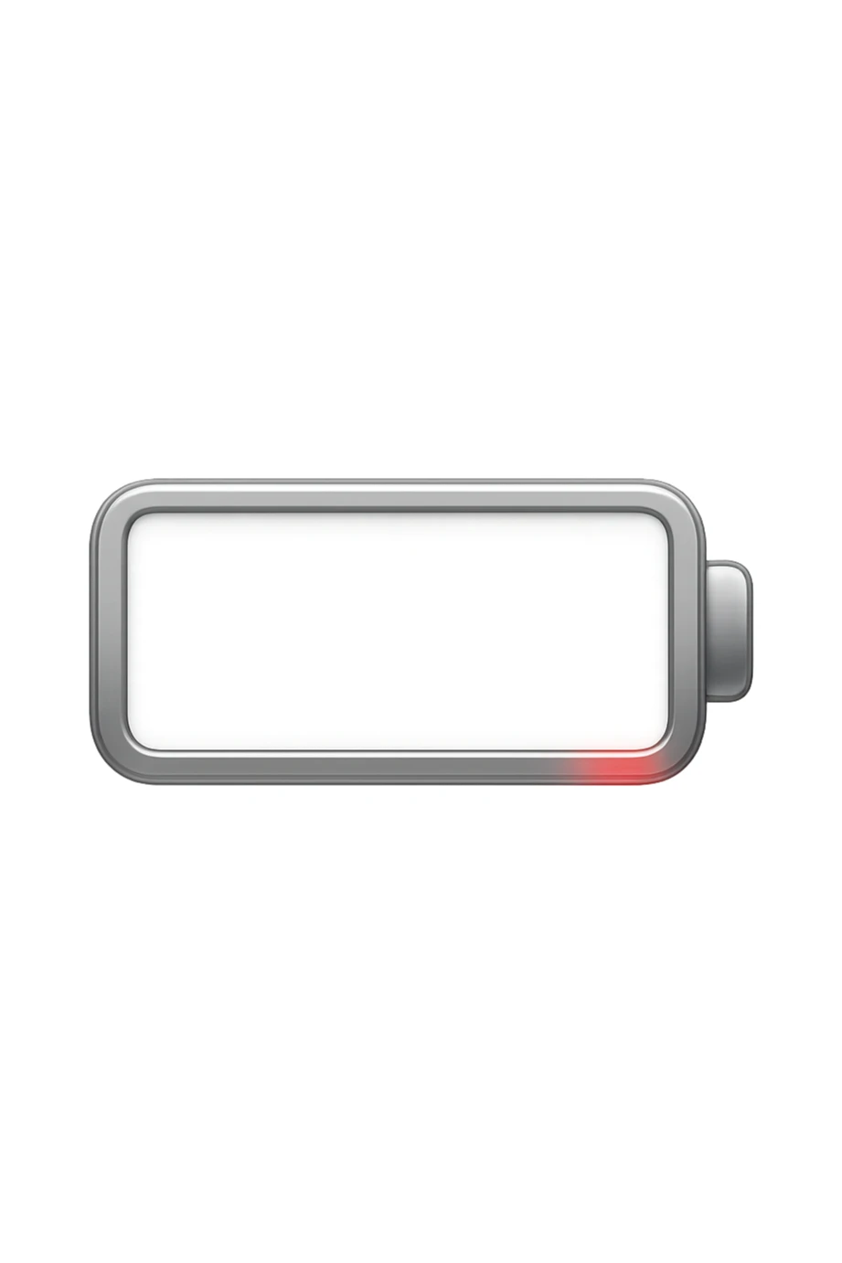 iPhone-style emoji of a battery that is almost empty, with a small red bar at the end indicating low energy. Clean, minimal, glossy look, transparent background. sticker