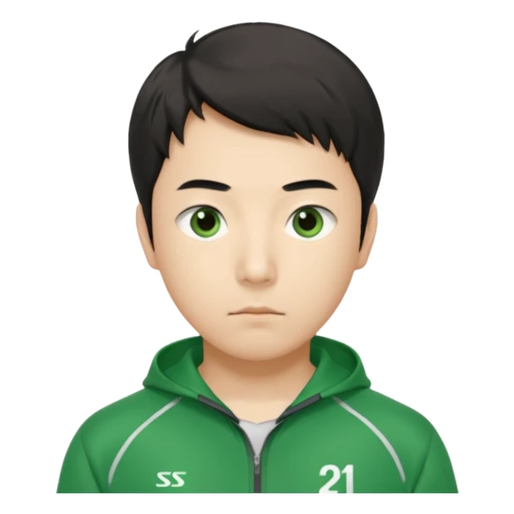 Illustrate Cho Sang-woo (Player 218) in green tracksuit with sharp, calculating gaze. sticker