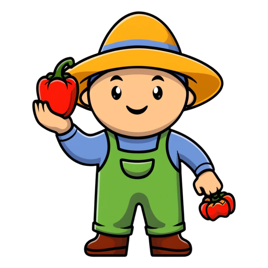 farmer character holding a red bell pepper sticker