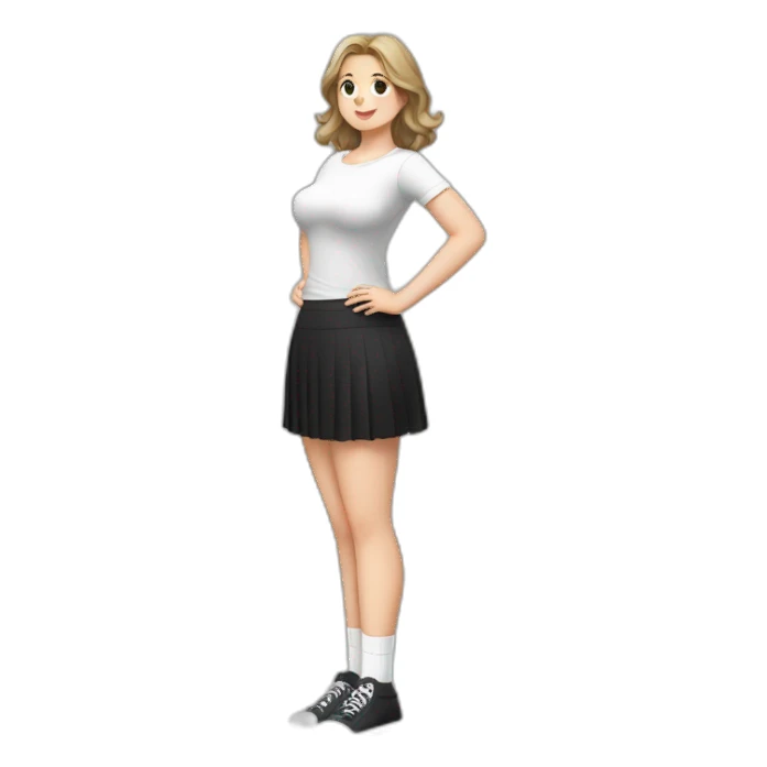 Front view full body curvy caucasian beauty sitting straight hands up black skirt white knickers white socks sticker