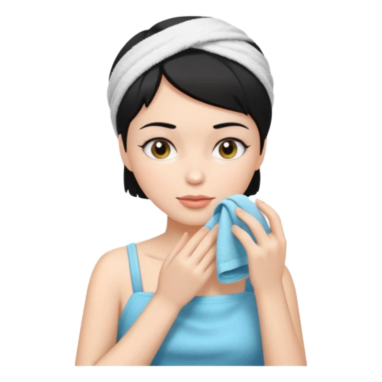 a white woman who has black short hair cleaning her face sticker