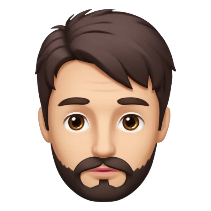 Handsome white man with big brown eyes thin pink lips long nose and dark brown messy hair cover his forhead mini beard sticker