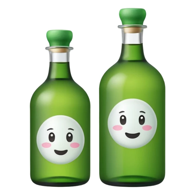 A clean, cute emoji-style green soju bottle, small Korean soju bottle with green glass, simple label in Korean style, minimal flat design, soft shading, centered, white or transparent background, high contrast, rounded friendly emoji look, 1:1 aspect ratio, app icon style sticker
