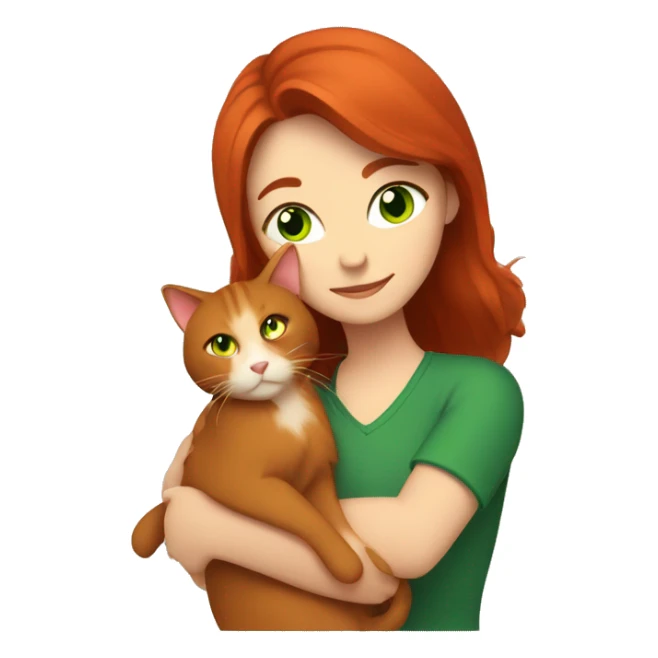 a brown-haired woman hugs a red-haired cat with green eyes sticker