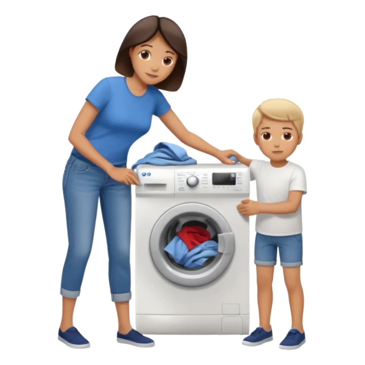 Mother and boy putting clothes in the washing machine sticker