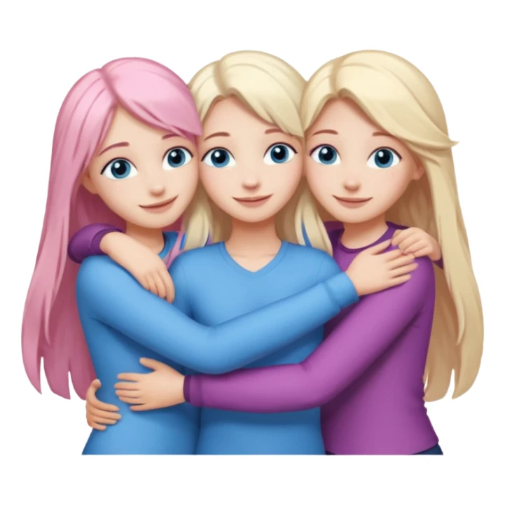 Girlfriend emoji - four white grips hugging and smiling    One girl with long light pink hair and blue eyes, one girl with blue eyes and light blonde hair, and 2 girls with brown eyes and long dark brown hair. sticker