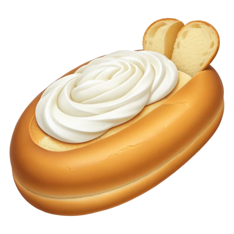 An oval-shaped, golden bun with a sugar-dusted top, filled with a smooth white cream. The bread looks soft and fluffy. sticker