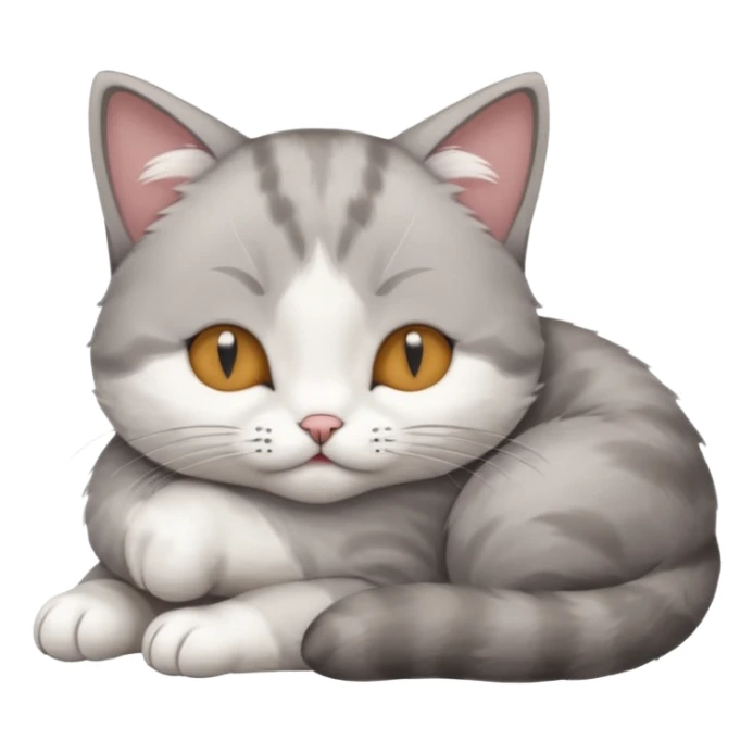 grey and white small cat with its eyes closed lying down with his head leaning on his paw sticker