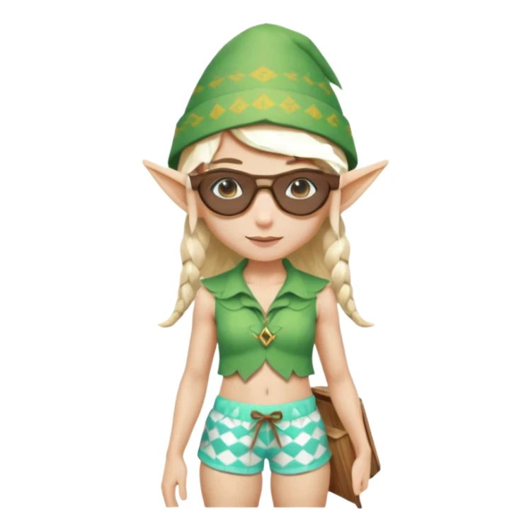 elf female legolas portrait, patterned board shorts (geometric/abstract), unique wooden-framed sunglasses, undercut hairstyle, slight smirk, visible pointy ears, no background, centered emoji, hipster summer vibe coctails with summer hat sticker