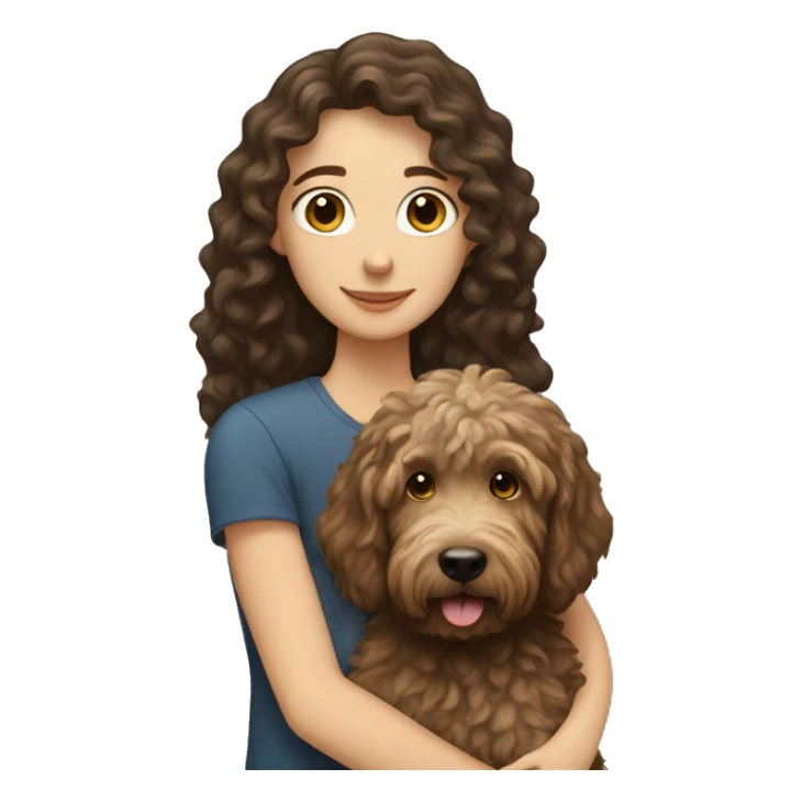 a white girl with long, brown hair, hugging a black coated labradoodle. adding a white man with curly blonde hair. sticker