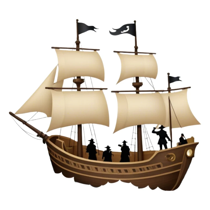 Reading Fiction: a sailing ship made of book pages floating on waves, with swashbuckling musketeers on horseback and a detective silhouette resembling Sherlock Holmes in the background. The icon should capture the adventurous and romantic spirit of classic literature. Transparent background. sticker