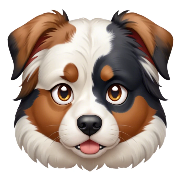 Cinematic Grumpy Calico Australian Shepherd Portrait Emoji, Head tilted slightly with a deeply unimpressed expression, thick predominantly white fur with distinct black, tan, and red merle calico patches, large, droopy blue eyes narrowed into an unamused glare, ears slightly drooping in exasperation, Simplified yet comically expressive features, highly detailed, glowing with a dry, sarcastic glow, high shine, effortlessly judgmental yet dignified, stylized with a touch of cynicism, bright but brooding, soft glowing outline, capturing the essence of an eternally unimpressed yet endearing pup, so lifelike it feels like it could sigh heavily at you in disdain at any moment! sticker