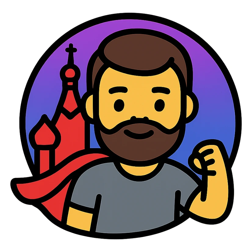 A hero emoji inspired by Moscow, featuring a character with a beard and short hair, wearing a gray t-shirt, with a purple and blue gradient background sticker