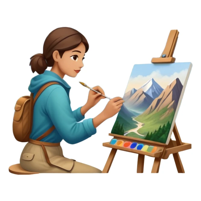 Artist painting a beautiful mountain peak destination on canvas sticker