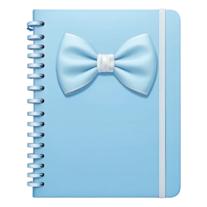 notebook with soft blue cover and white bow on front, pastel aesthetic sticker