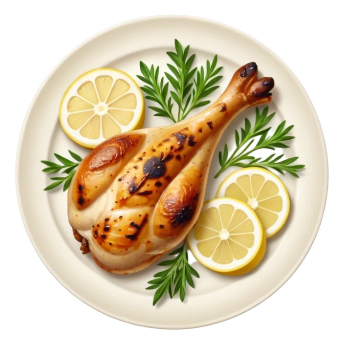 Draw a grilled chicken leg on a plate with herbs & lemon slices. sticker